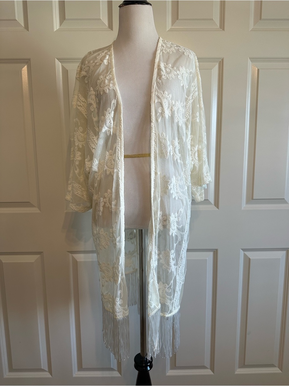 Dex Ivory Lace Kimono with Fringe